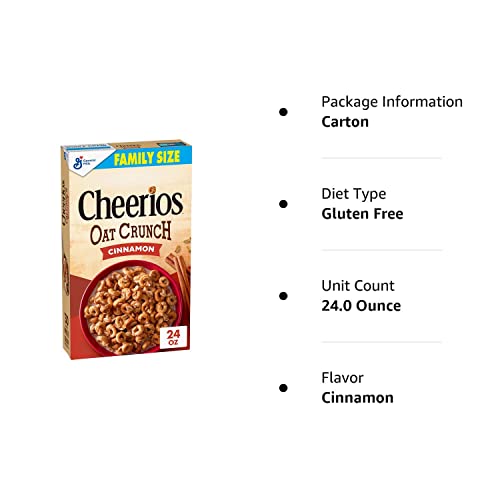 Cheerios Oat Crunch Cinammon Oat Breakfast Cereal, Family Size, 24 oz