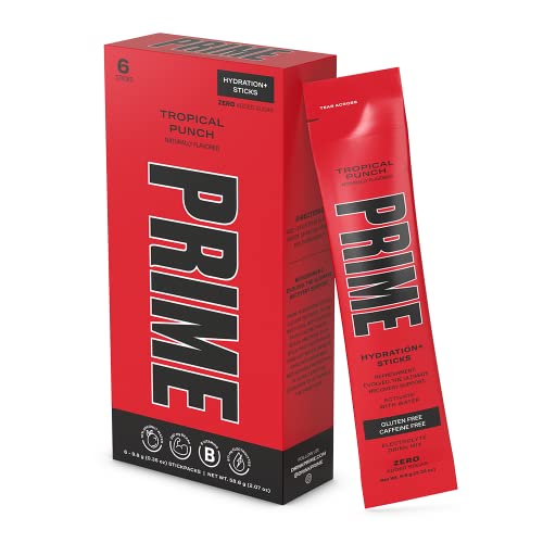 Prime Hydration+ Stick Pack, Electrolyte Drink Mix, 10% Coconut Water, 250mg BCAAs, Antioxidants, Naturally Flavored, Zero Added Sugar, Easy Open Single-Serving Stick, TROPICAL PUNCH, 6 Sticks