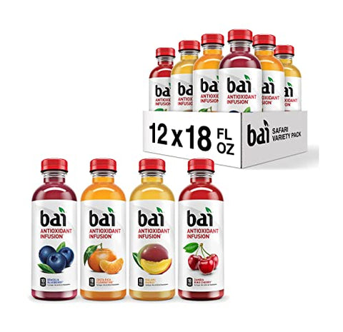 Bai Flavored Water, Safari Variety Pack, Antioxidant Infused Drinks, 18 Fluid Ounce Bottles, 12 Count, 3 Each of Brasilia Blueberry, Costa Rica Clementine, Malawi Mango, Zambia Bing Cherry,18 Fl Oz (Pack of 12)
