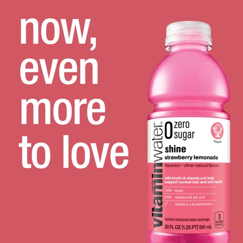 vitaminwater zero sugar shine, electrolyte enhanced water w/ vitamins, strawberry lemonade drinks, 20 fl oz, 12 Pack