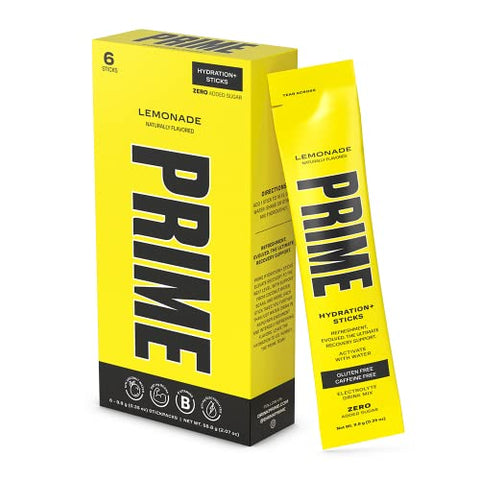 Prime Hydration+ Stick Pack, Electrolyte Drink Mix, 10% Coconut Water, 250mg BCAAs, Antioxidants, Naturally Flavored, Zero Added Sugar, Easy Open Single-Serving Stick, LEMONADE, 6 Sticks