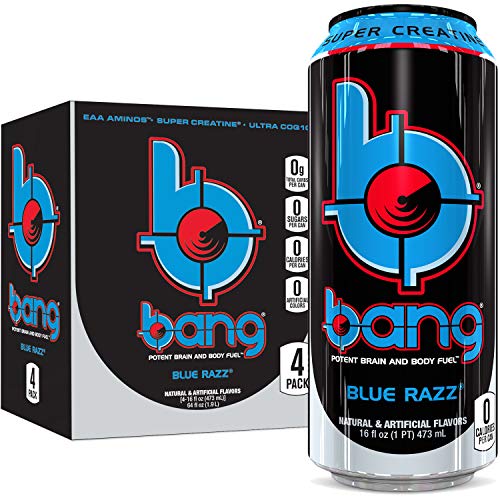 Bang Blue Razz Energy Drink, 0 Calories, Sugar Free with Super Creatine, 16oz, 4 Count