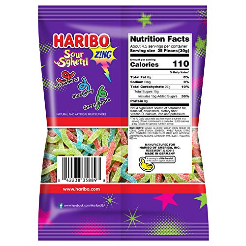 HARIBO Gummi Candy, Z!NG Sour S’ghetti, 5 oz. Bag (Pack of 12)