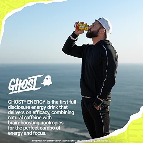 Ghost Energy без захар Енергийна напитка - 12 -пакет, кисела пластир деца Redberry, 16oz - Енергия и фокус и без изкуствени цветове - 200 mg естествен кофеин, L -карнитин и таурин - соя и безглутенова, веган