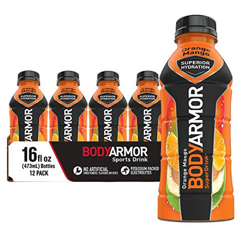 BODYARMOR Sports Drink Sports Beverage, Orange Mango, Natural Flavors With Vitamins, Potassium-Packed Electrolytes, Perfect For Athletes, 16 Fl Oz (Pack of 12)