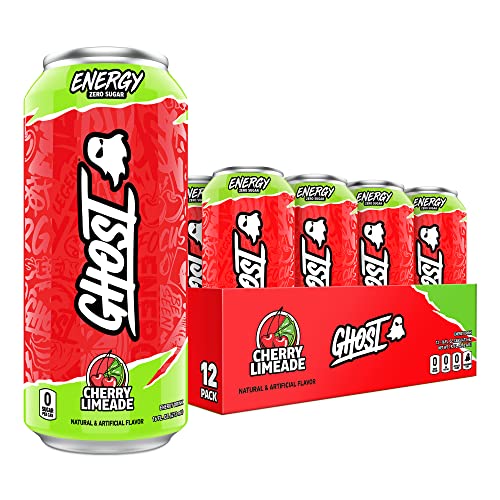 Ghost Energy без захар Енергийна напитка - 12 -пакет, Cherry Limeade, 16oz - Енергия и фокус и без изкуствени цветове - 200 mg естествен кофеин, L -карнитин и таурин - соя и без глутен, веган