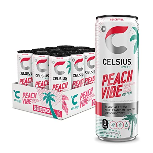 CELSIUS Sparkling Peach Vibe, Functional Essential Energy Drink 12 Fl Oz (Pack of 12)