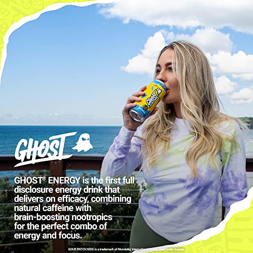 Ghost Energy без захар Енергийна напитка - 12 -пакет, кисела лепенка деца синя малина, 16oz - енергия и фокус и без изкуствени цветове - 200mg естествен кофеин, L -карнитин и таурин - соя и без глутен, веган