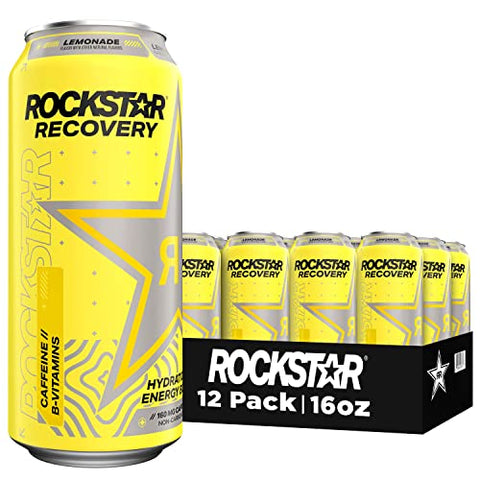 Rockstar Energy Drink with Caffeine Taurine and Electrolytes, Recovery Lemonade, 16oz (12 Pack) (Packaging May Vary)
