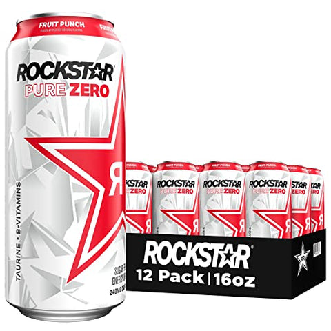 Rockstar Pure Zero Energy Drink, Fruit Punch, 0 Sugar, with Caffeine and Taurine, 16oz Cans (12 Pack) (Packaging May Vary)