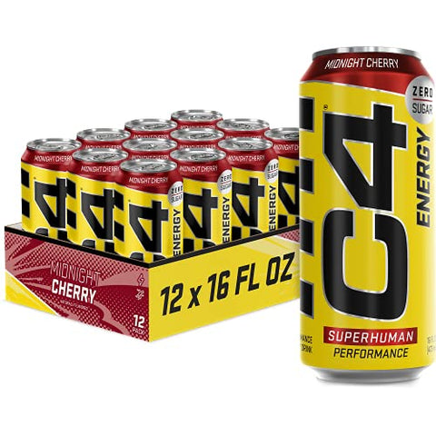 C4 Energy Carbonated Zero Sugar Energy Drink, Pre Workout Drink + Beta Alanine, Midnight Cherry, 16 Fl Oz (Pack of 12)