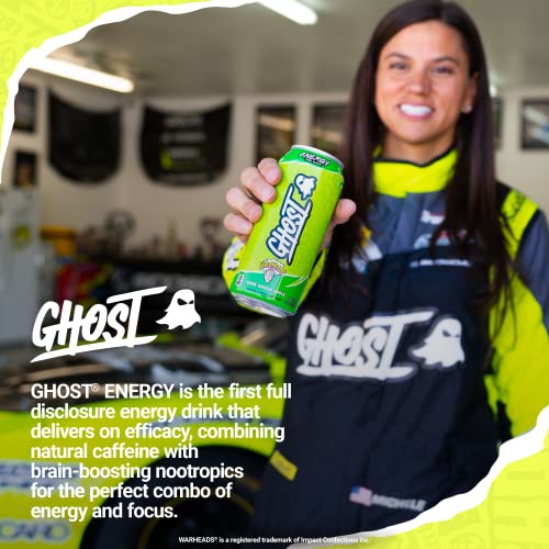 GHOST ENERGY Sugar-Free Energy Drink - 12-Pack, WARHEADS Sour Green Apple, 16oz - Energy & Focus & No Artificial Colors - 200mg of Natural Caffeine, L-Carnitine & Taurine - Soy & Gluten-Free, Vegan