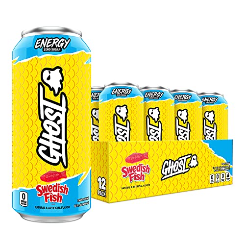 GHOST ENERGY Sugar-Free Energy Drink - 12-Pack, SWEDISH FISH, 16oz Cans - Energy & Focus & No Artificial Colors - 200mg of Natural Caffeine, L-Carnitine & Taurine - Soy & Gluten-Free, Vegan