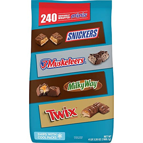 SNICKERS, TWIX, 3 MUSKETEERS & MILKY WAY Individually Wrapped Variety Pack Minis Chocolate Candy Bars Bulk Assortment, 67.2 oz, 240 Pieces Bag