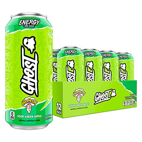 GHOST ENERGY Sugar-Free Energy Drink - 12-Pack, WARHEADS Sour Green Apple, 16oz - Energy & Focus & No Artificial Colors - 200mg of Natural Caffeine, L-Carnitine & Taurine - Soy & Gluten-Free, Vegan