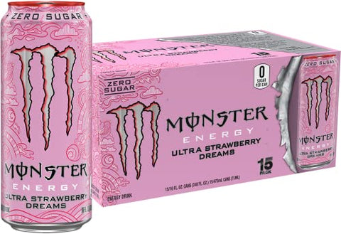 Monster Energy Ultra Strawberry Dreams, Sugar Free Energy Drink, 16 Ounce (Pack of 15)