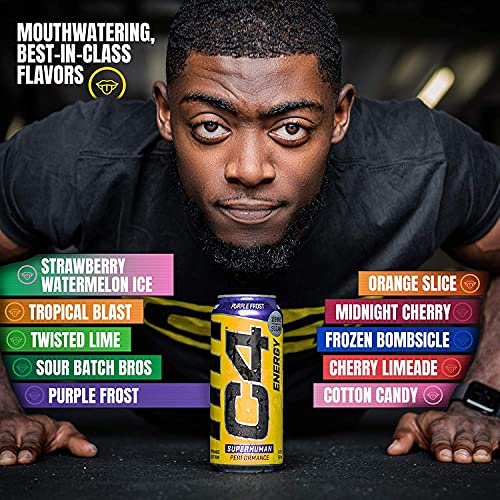 C4 Energy Carbonated Zero Sugar Energy Drink, Pre Workout Drink + Beta Alanine, Purple Frost, 16 Fl Oz (Pack of 12)
