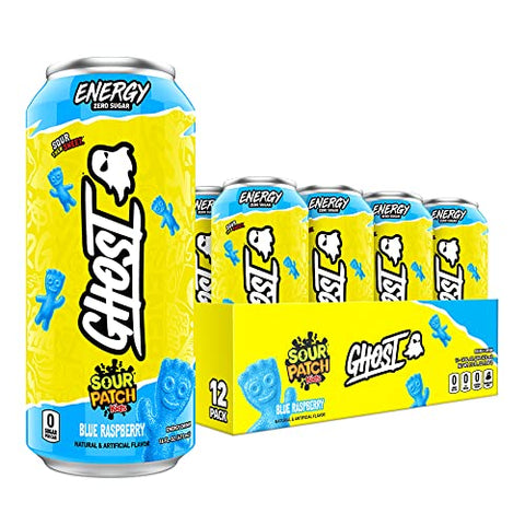 GHOST ENERGY Sugar-Free Energy Drink - 12-Pack, SOUR PATCH KIDS Blue Raspberry, 16oz - Energy & Focus & No Artificial Colors - 200mg Natural Caffeine, L-Carnitine & Taurine - Soy & Gluten-Free, Vegan