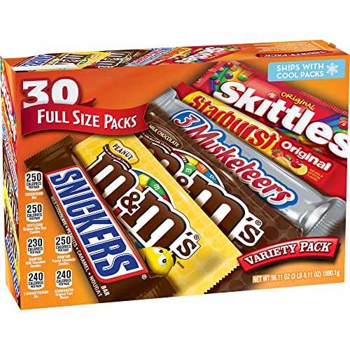 M&M'S, SNICKERS, 3 MUSKETEERS, SKITTLES & STARBURST Variety Pack Full Size Bulk Candy Assortment, 56.11 oz, 30 Bars